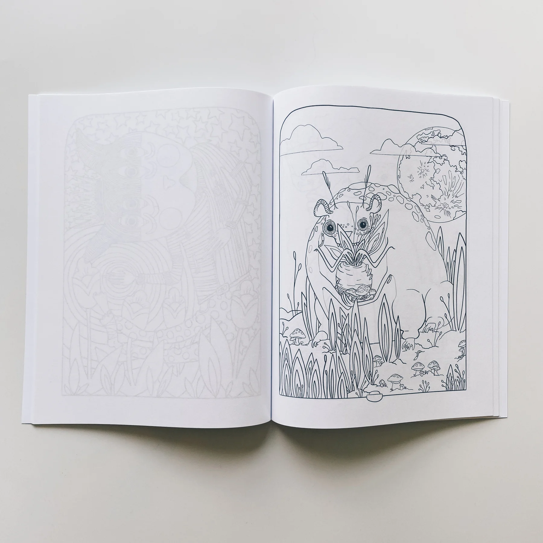 interior page of weird lizas colorama volume 1 showing friendly monster collecting mushrooms. page is uncolored, book open on white background.