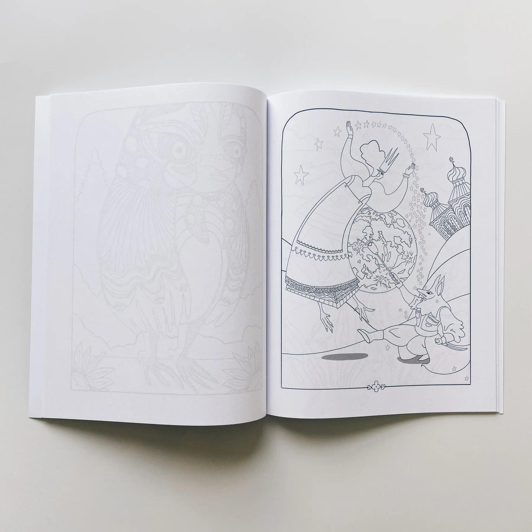 interior page of weird lizas colorama volume 1 showing bird woman and wolf man handing her flower. page is uncolored, book open on white background.