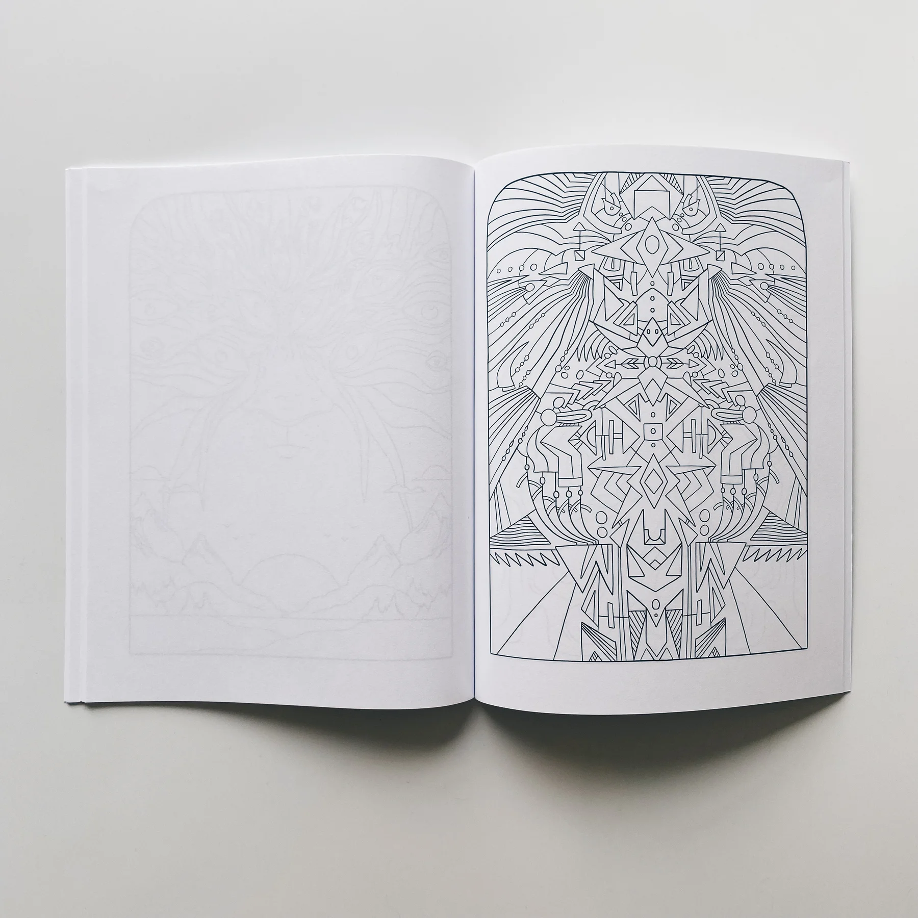 interior page of weird lizas colorama volume 2 with illustration of intricate geometric, symmetric line pattern. page is uncolored, book open on white background.