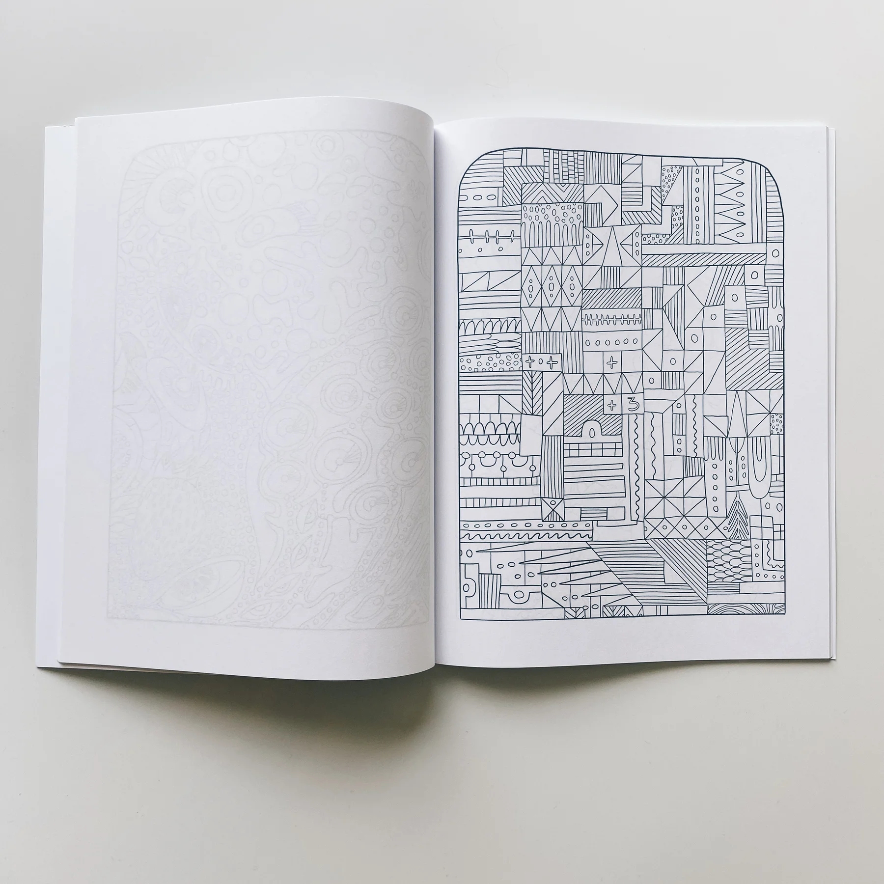 interior page of weird lizas colorama volume 2 with illustration of intricate square pattern. page is uncolored, book open on white background.