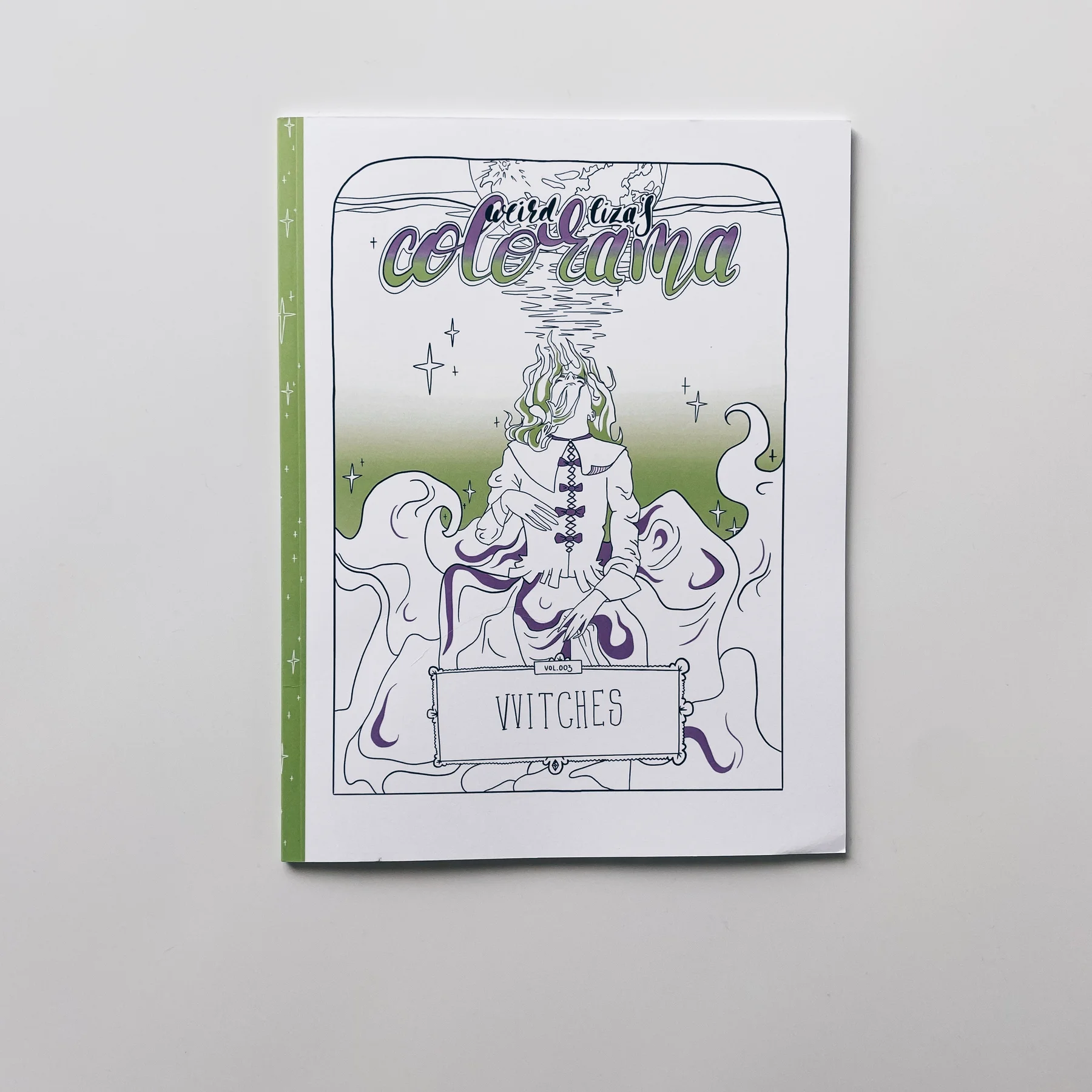 coloring book cover of weird lizas colorama volume 3 with illustration of witch underwater with moon on white background.