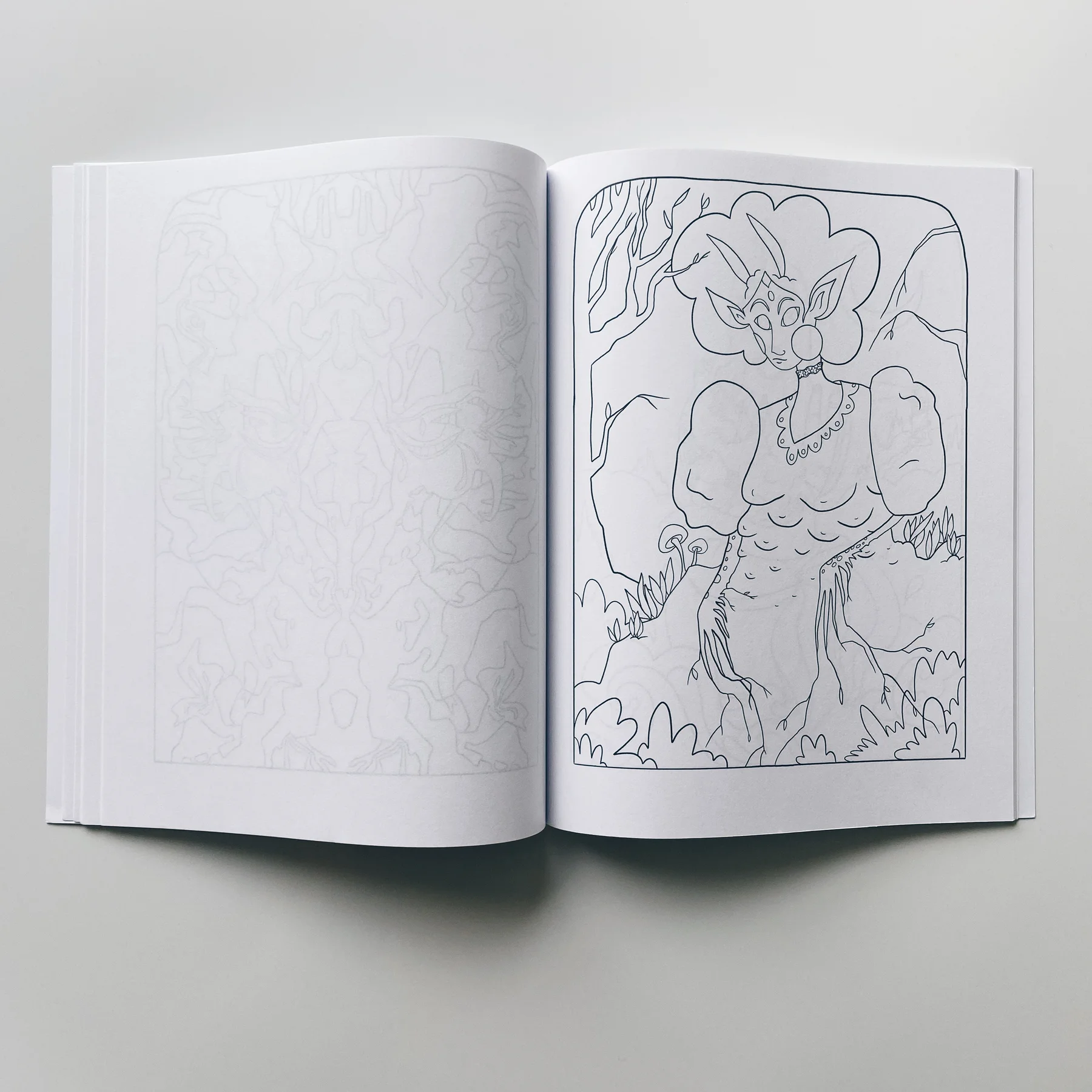 interior page of weird lizas colorama volume 3 with illustration of mossy forest monster woman. page is uncolored, book open on white background.