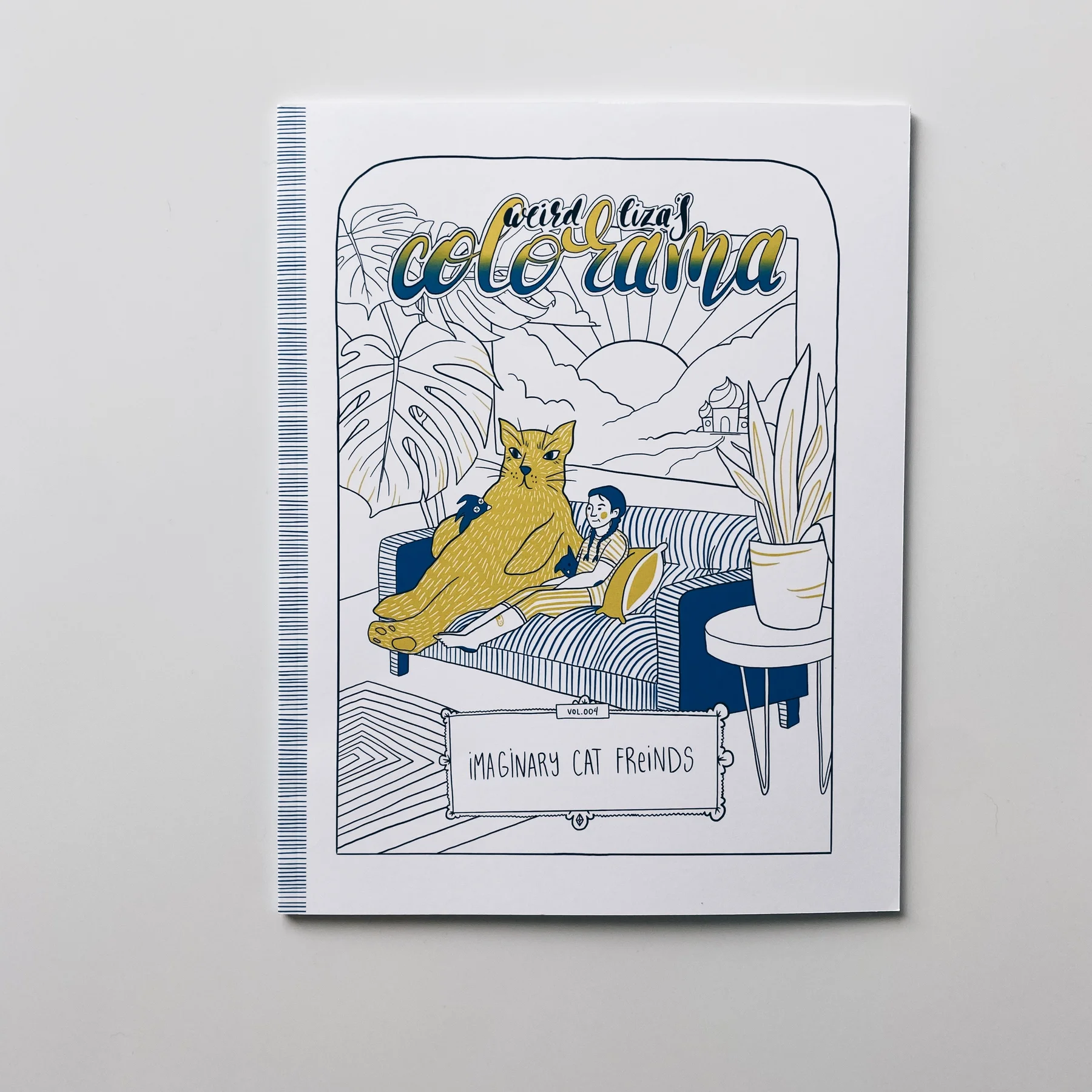 coloring book cover of weird lizas colorama volume 4 with illustration of big cat monster and child sitting on couch together on white background.