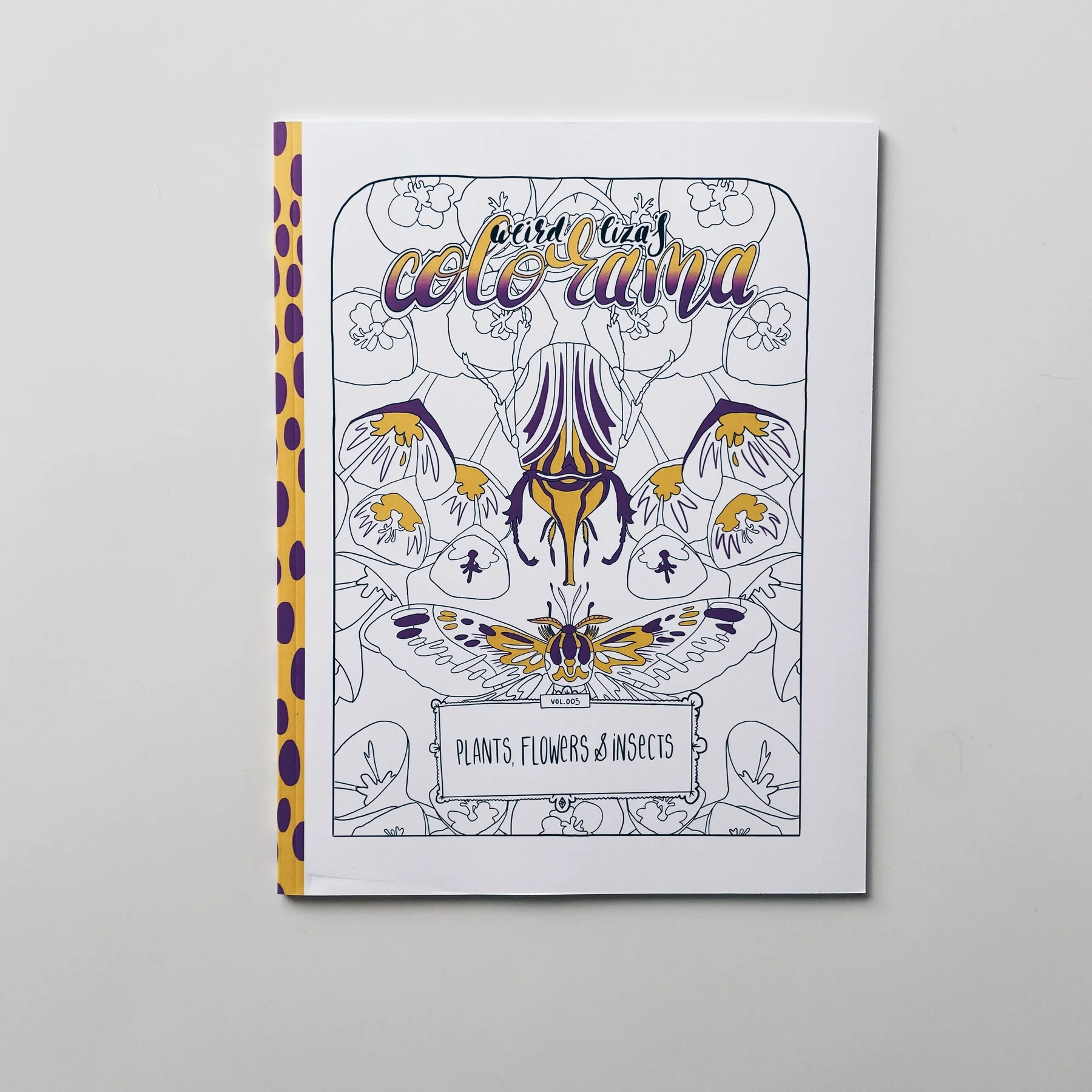 coloring book cover of weird lizas colorama volume 5 with illustration of symmetrical plants and insects pattern on white background.