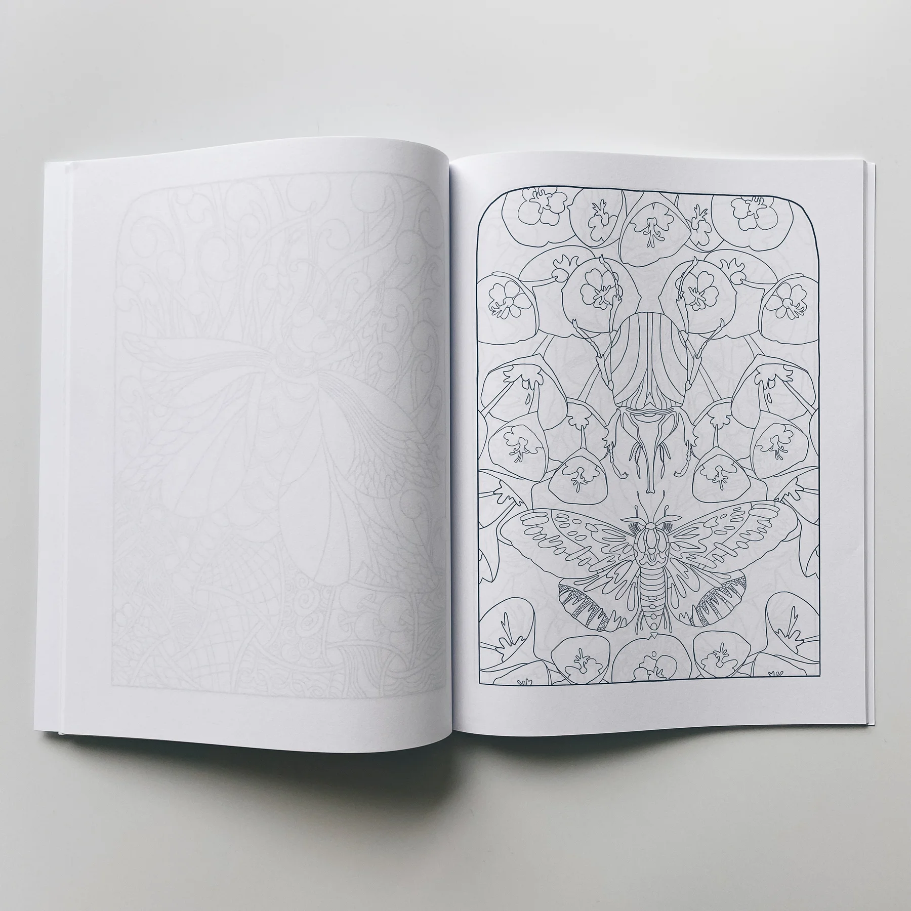 interior pages of weird lizas colorama volume 5 with illustration of symmetrical plants and insects pattern. page is uncolored, book open on white background.