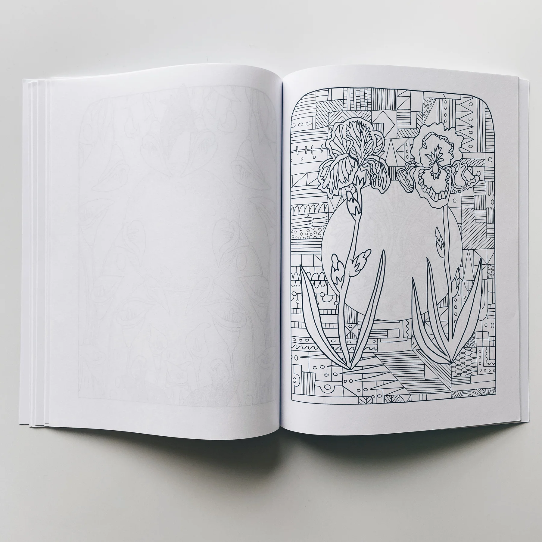 interior pages of weird lizas colorama volume 5 with illustration of two flowers and circle with square pattern. page is uncolored, book open on white background.