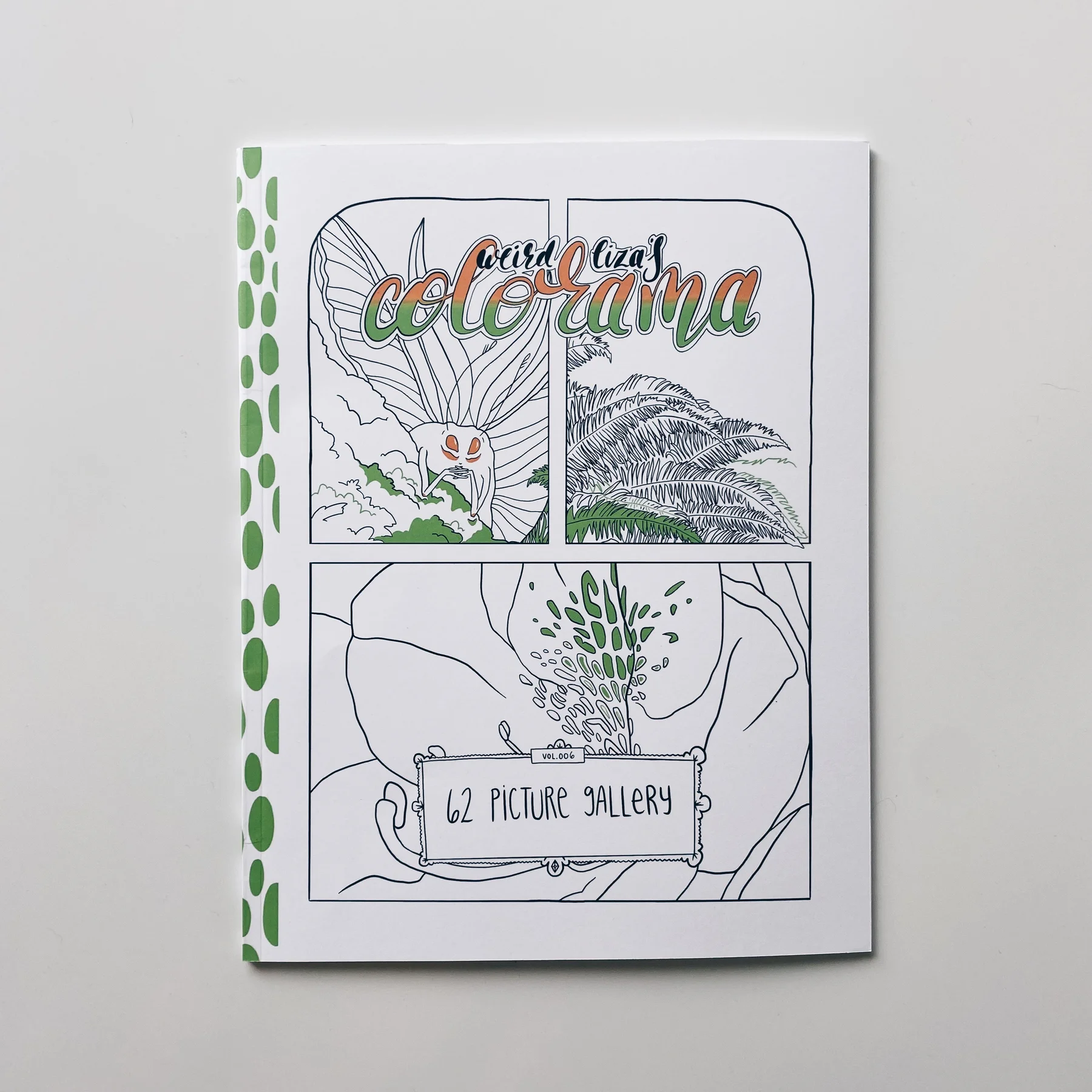 coloring book cover of weird lizas colorama volume 6 with three panel illustration of an insect and plants on white background.