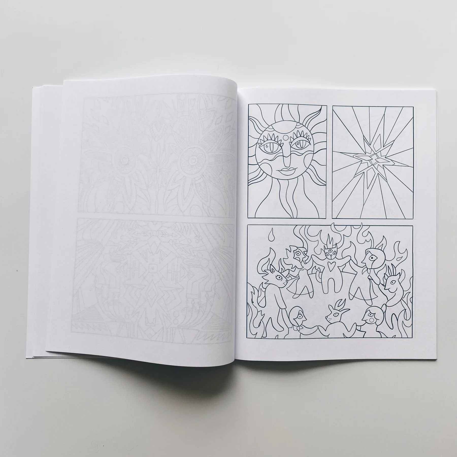 interior pages of weird lizas colorama volume 6 with three panel illustration of sun, star and animal friends. page is uncolored, book open on white background.