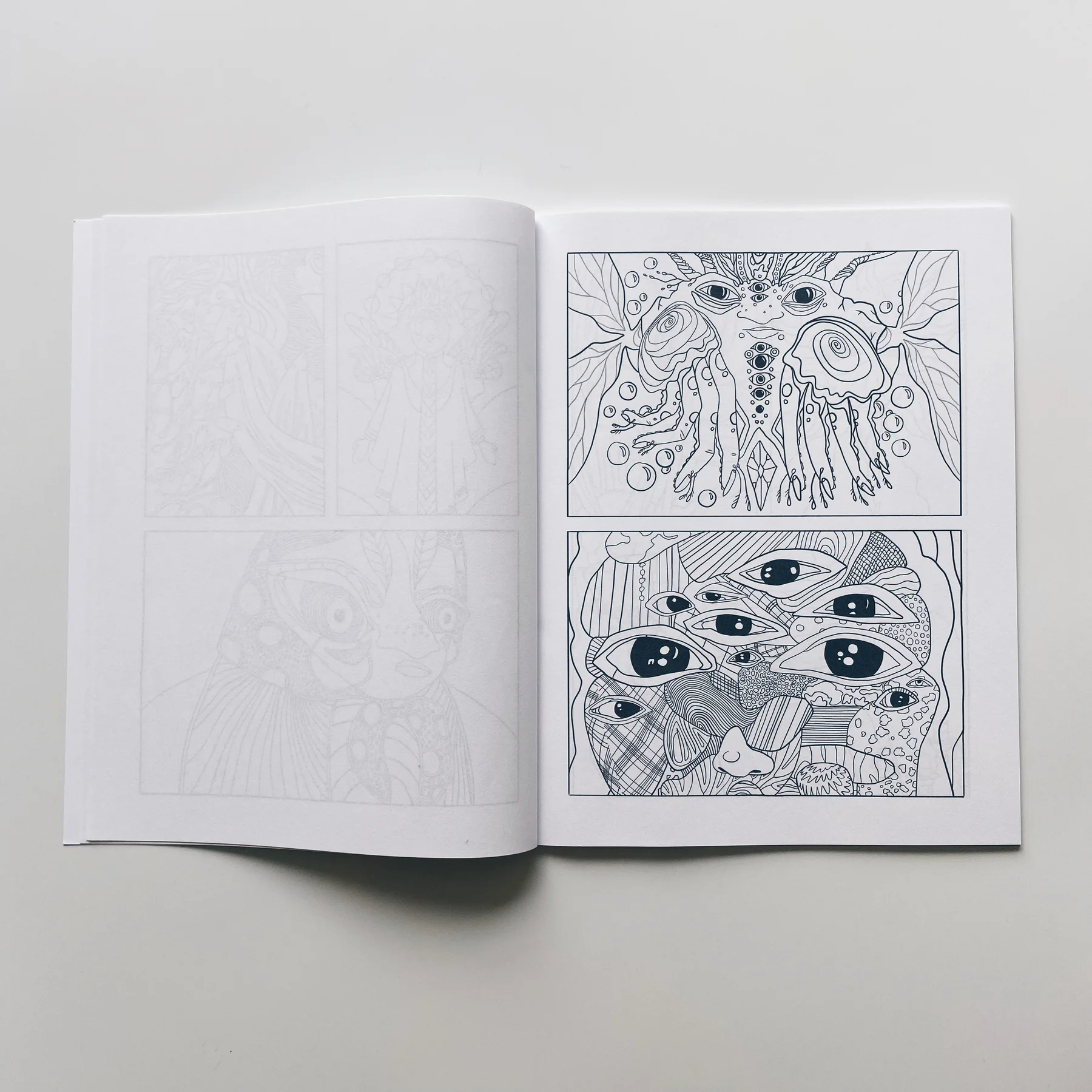 interior pages of weird lizas colorama volume 6 with two panel illustration of snail moth monster and multiple eye creature. page is uncolored, book open on white background.