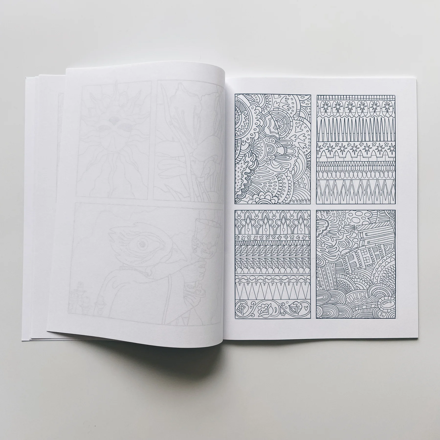 interior pages of weird lizas colorama volume 6 with four panel illustrations of intricate patterns. page is uncolored, book open on white background.