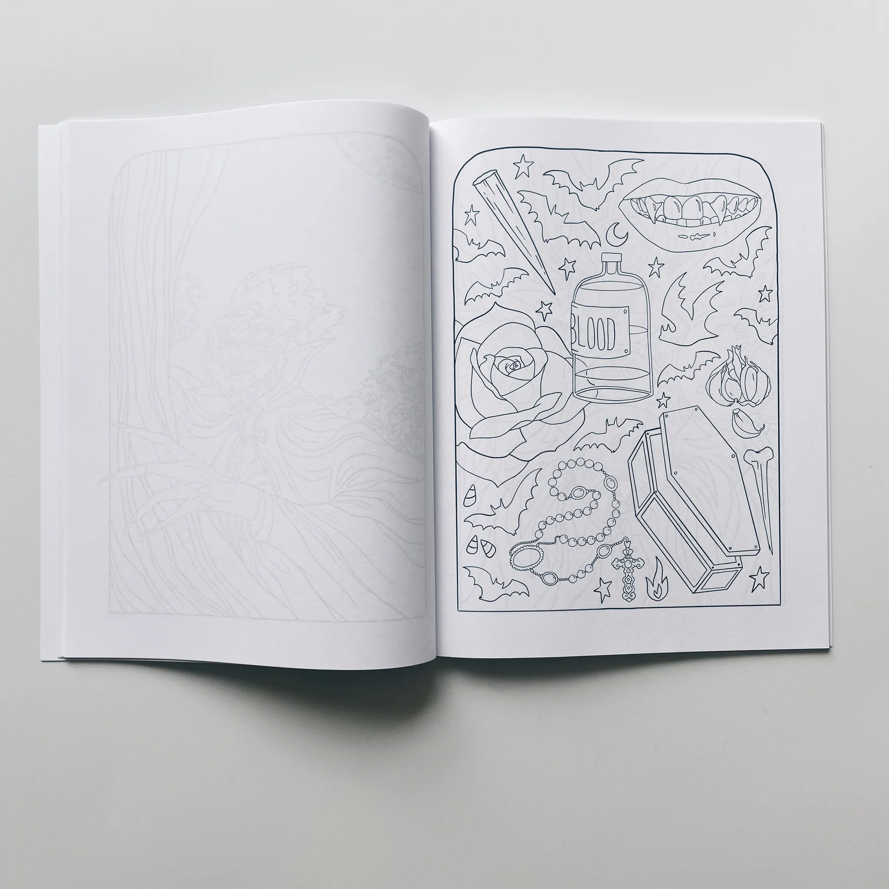 interior pages of weird lizas colorama volume 7 with spooky vampire items and symbols. page is uncolored, book open on white background.