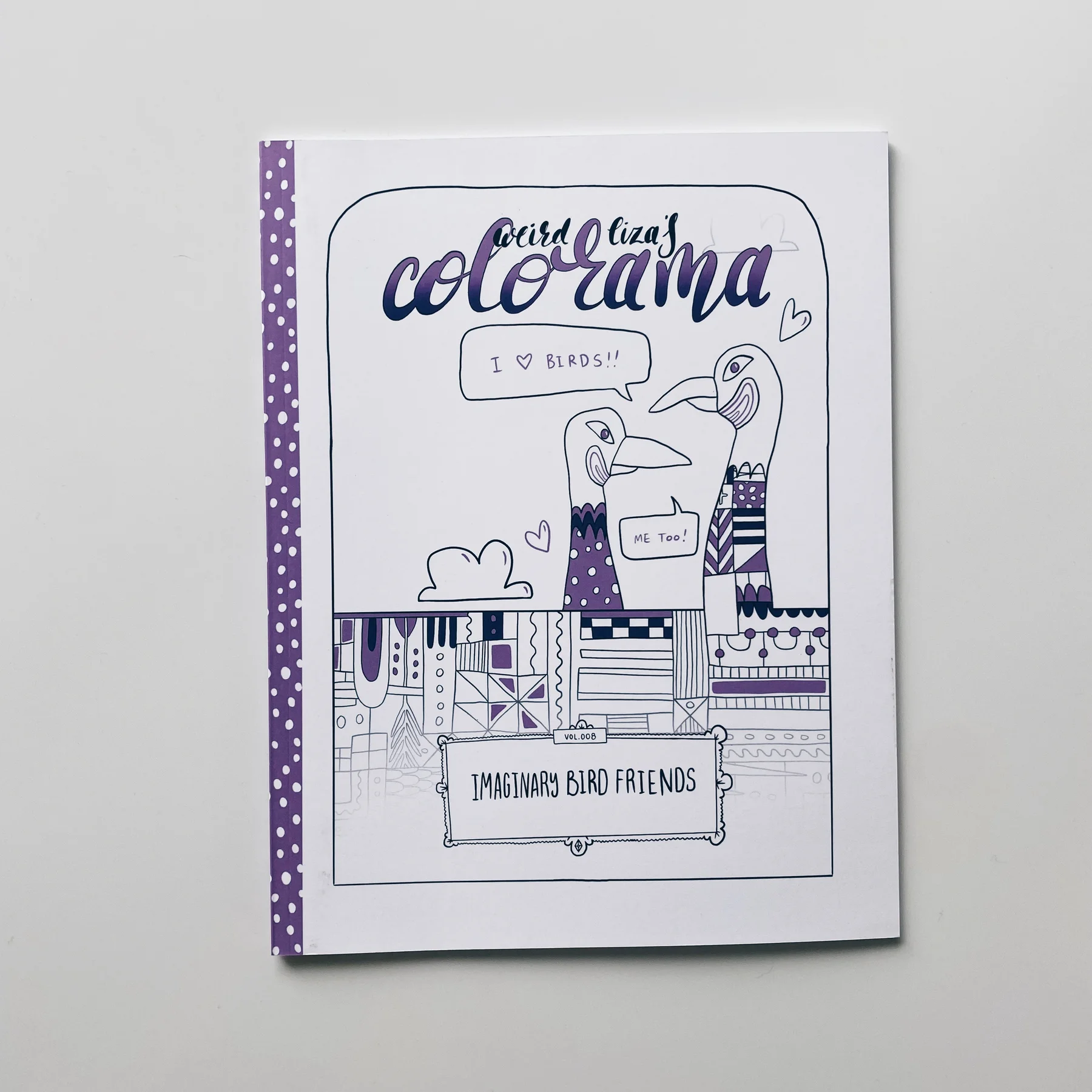 coloring book cover of weird lizas colorama volume 8 with two birds and speech bubbles with square pattern and clouds on white background.