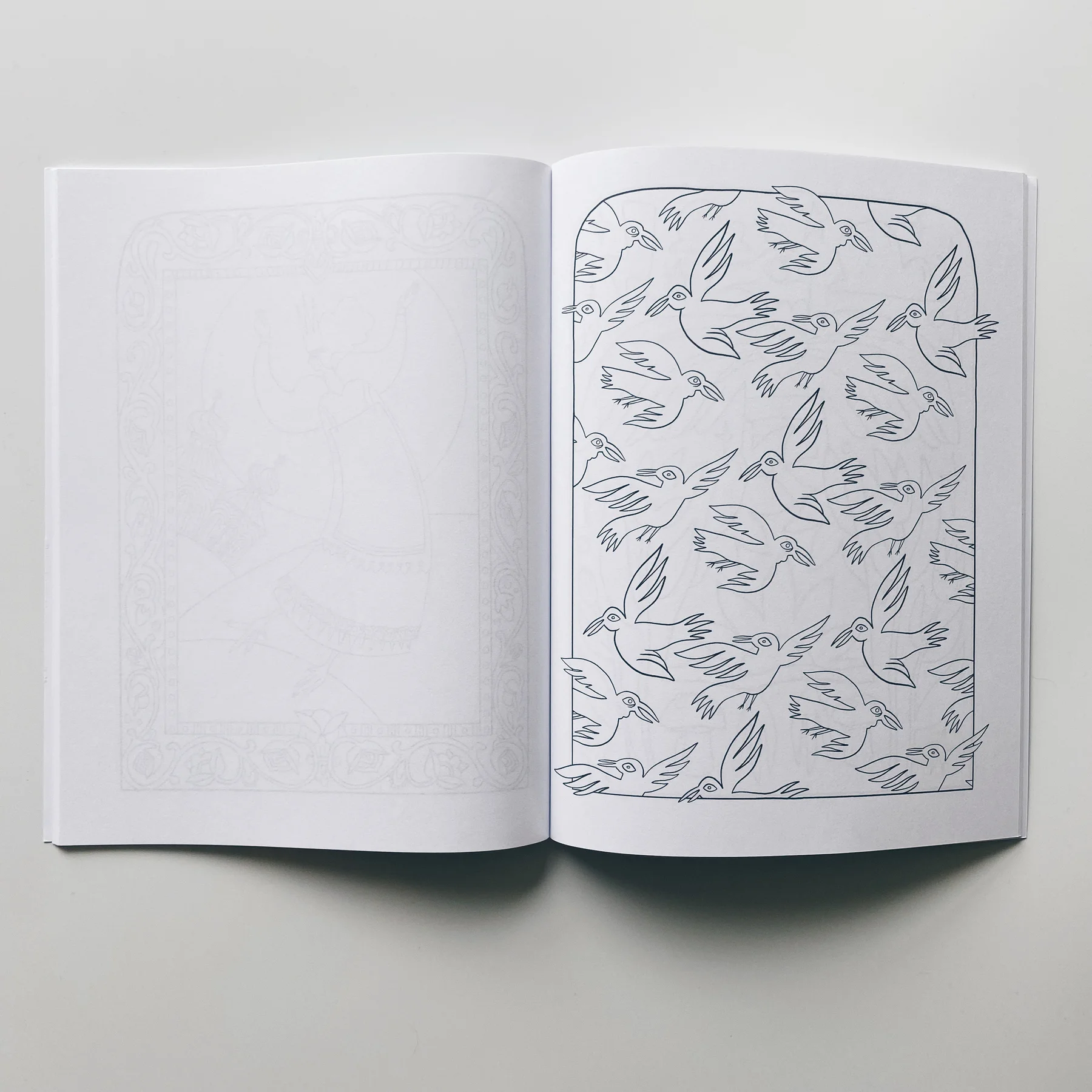 interior pages of weird lizas colorama volume 8 with illustrated bird pattern. page is uncolored, book open on white background.