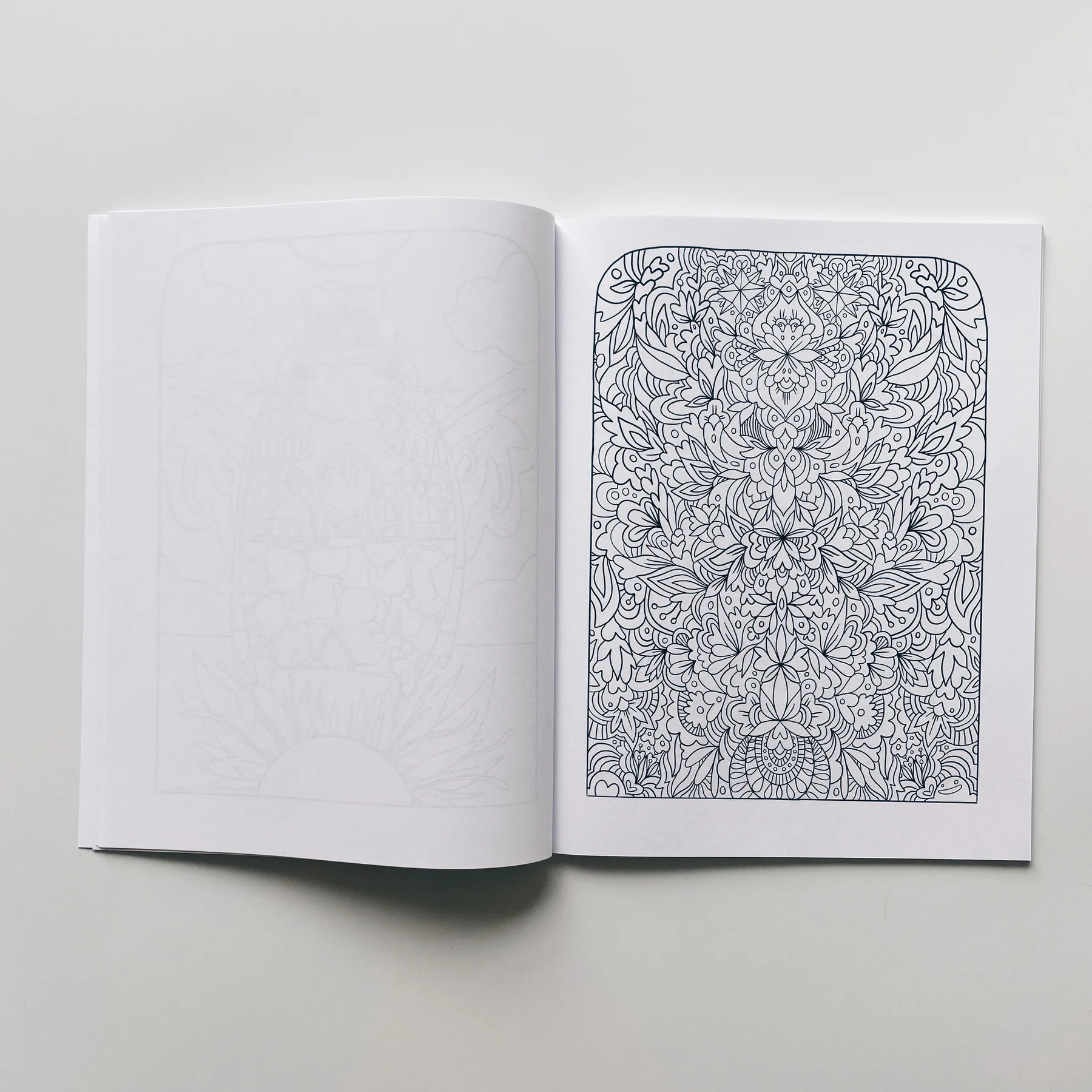 interior pages of weird lizas colorama volume 9 with floral intricate symmetrical pattern. page is uncolored, book open on white background.