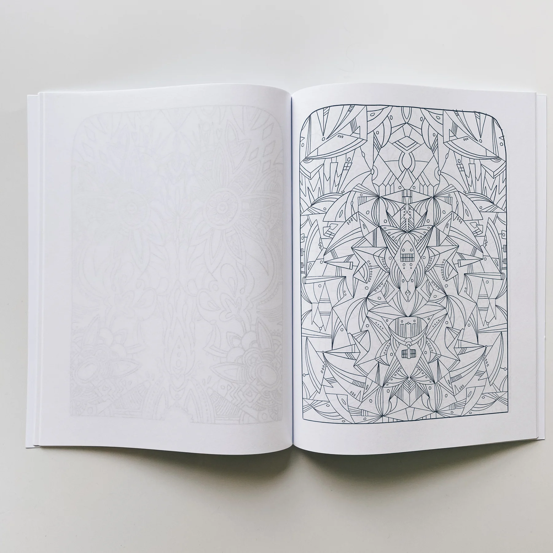 interior pages of weird lizas colorama volume 9 with geometric symmetrical line pattern. page is uncolored, book open on white background.