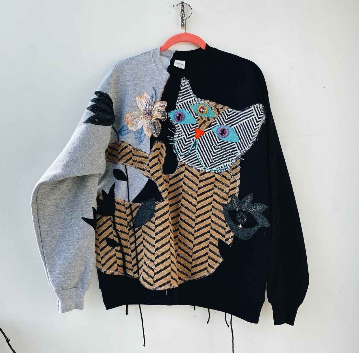 hand made, two-tone mushrooms, flowers and cat sweatshirt